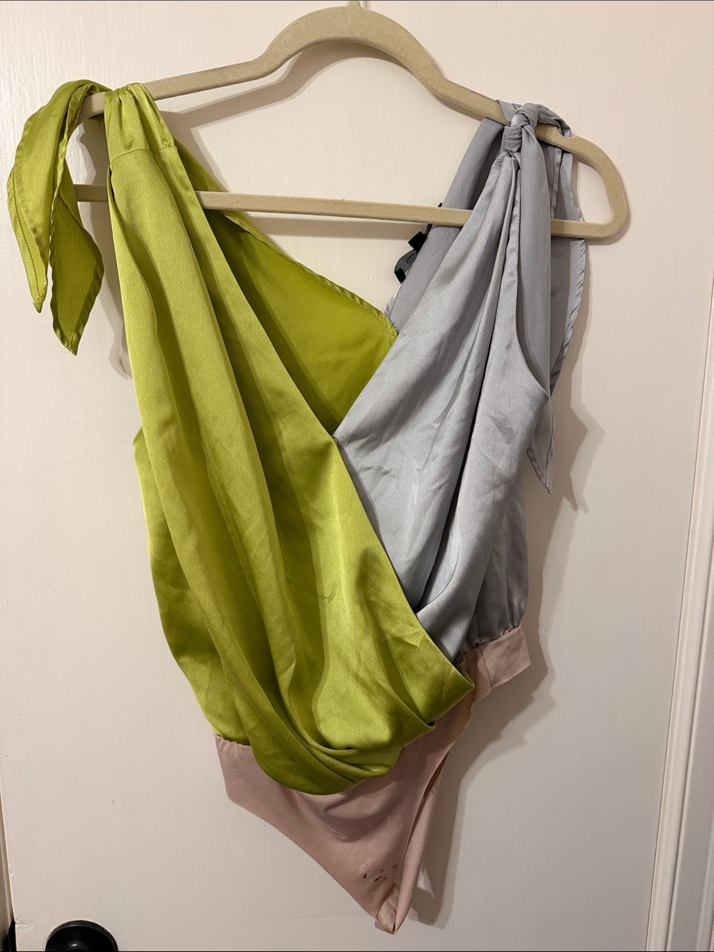 Strut & Bolt Small Colorblock Tie-Shoulder Draped Bodysuit — Lime, Light Gray